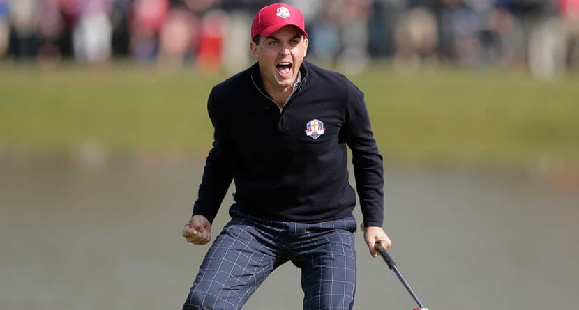 USA's Keegan Bradley celebrates after winning their foursomes match on the 15th hole at the Ryder Cup golf tournament, Friday, Sept. 28, 2012, at Medinah Country Club in Medinah, Ill. Bradley was selected as U.S. Ryder Cup captain for 2025, The PGA of America announced Monday, July 8, 2024. (AP Photo/Charlie Riedel, File)