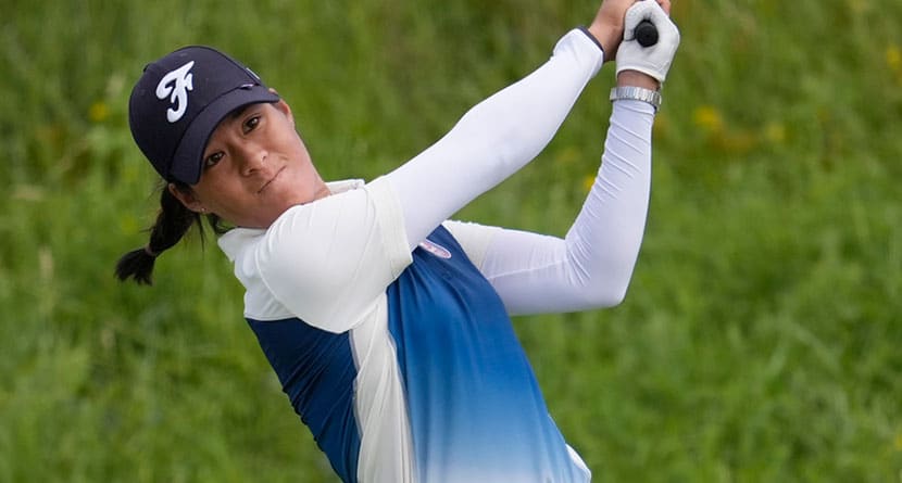 Celine Boutier, of France, plays off the 9th tee during the first round of the women's golf event at the 2024 Summer Olympics, Wednesday, Aug. 7, 2024, at Le Golf National, in Saint-Quentin-en-Yvelines, France. (AP Photo/George Walker IV)