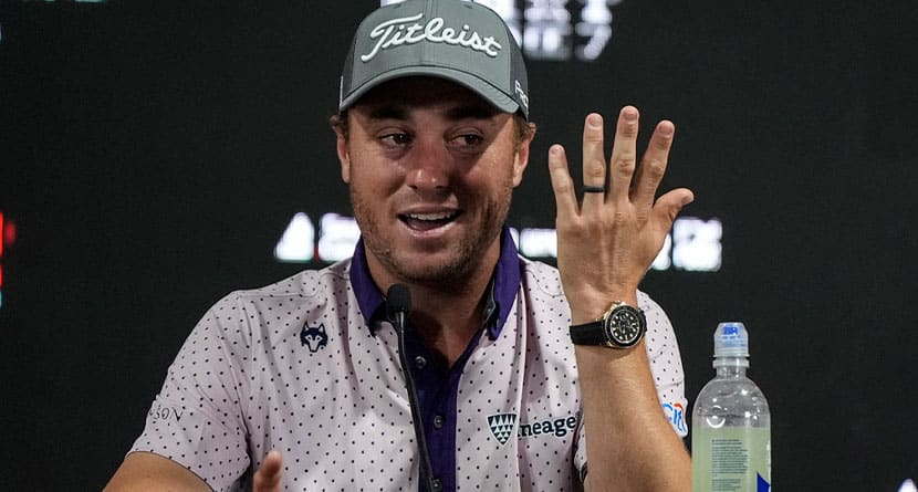 Justin Thomas speaks during a news conference ahead of a practice round for the Tour Championship golf tournament, Wednesday, Aug. 28, 2024, in Atlanta. (AP Photo/Mike Stewart)