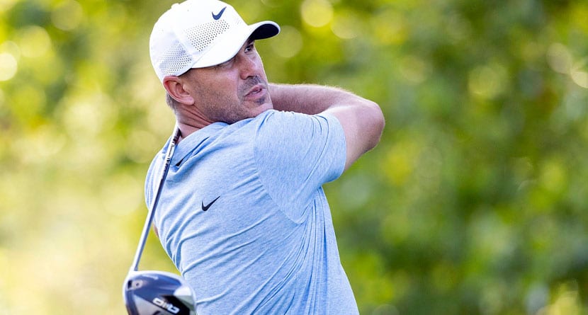 Captain Brooks Koepka, of Smash GC, hits from the 17th tee during the final round of LIV Golf Greenbrier at The Old White at The Greenbrier, Sunday, Aug. 18, 2024, in White Sulphur Springs, W.Va. (Chris Trotman/LIV Golf via AP)