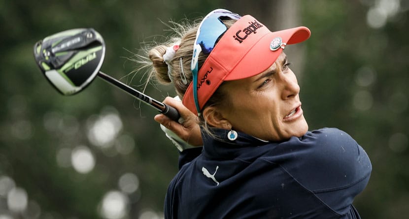 Lexi Thompson, of the United States, hits a tee shot on the seventh hole during the first round at the LPGA Canadian Women's Open golf tournament in in Calgary, Alberta, July 25, 2024. (Jeff McIntosh/The Canadian Press via AP, File)