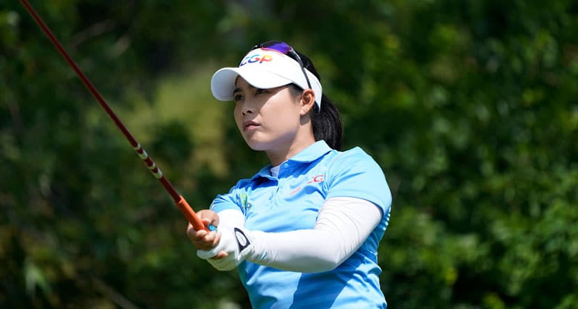 Moriya Jutanugarn of Thailand plays during the second round of the Dana Open golf tournament at Highland Meadows Golf Club, Friday, July 14, 2023, in Sylvania, Ohio. (AP Photo/Carlos Osorio)