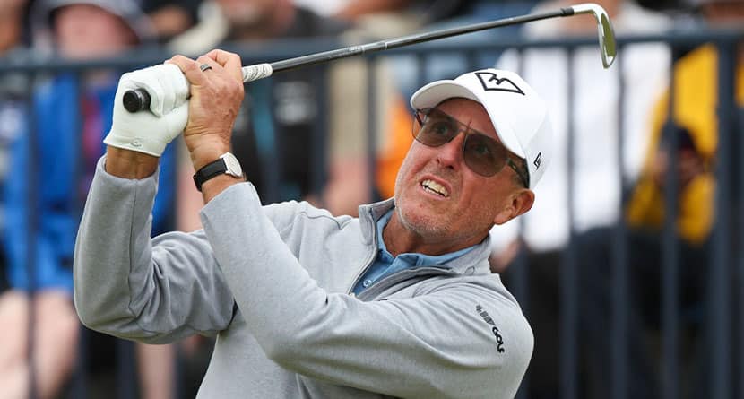 Phil Mickelson of the United States hits off the 14th tee during his second round of the British Open Golf Championships at Royal Troon golf club in Troon, Scotland, Friday, July 19, 2024. (AP Photo/Scott Heppell)