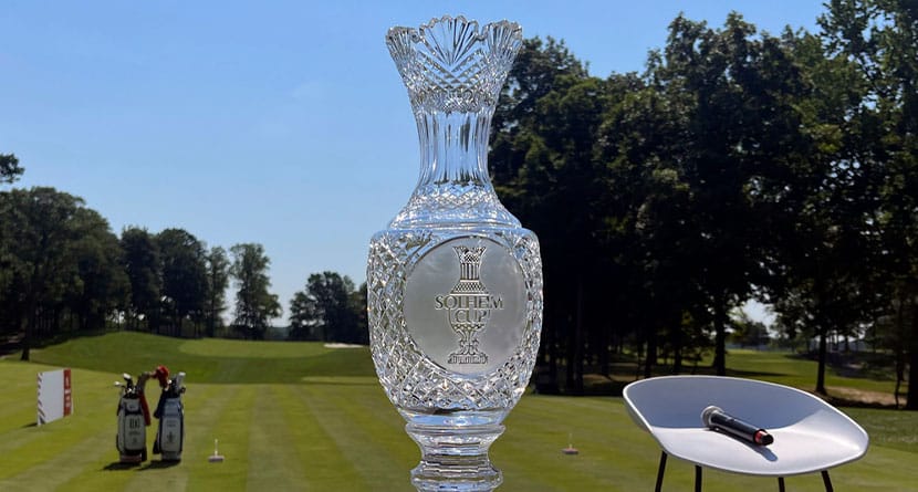 The Solheim Cup is displayed on the first tee box at Robert Trent Jones Golf Club, Monday, July 15, 2024, in Gainesville, Va., where the United States will take on Europe in the Solheim Cup golf tournament in September. (AP Photo/Ben Nuckols)