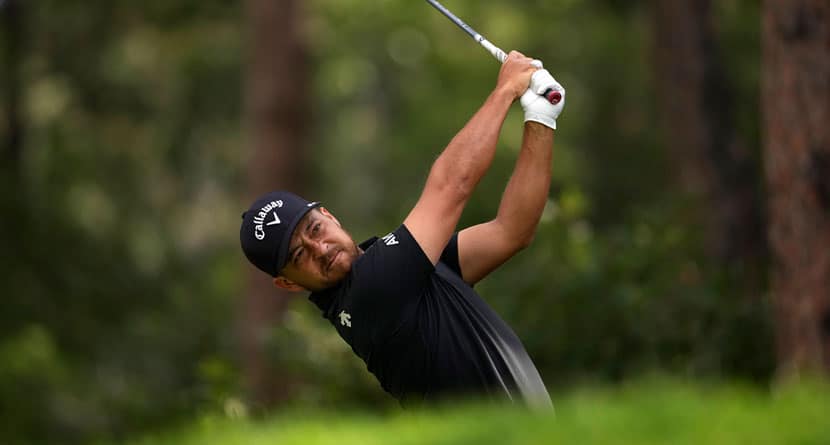 Xander Schauffele hits off the second tee during the third round of the BMW Championship golf event at Castle Pines Golf Club, Saturday, Aug. 24, 2024, in Castle Rock, Colo. (AP Photo/Matt York)