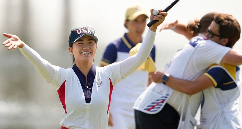 United States' Rose Zhang reacts after defeating Europe's Carlota Ciganda during a Solheim Cup golf tournament singles match at the Robert Trent Jones Golf Club, Sunday, Sept. 15, 2024, in Gainesville, Va. (AP Photo/Matt York)