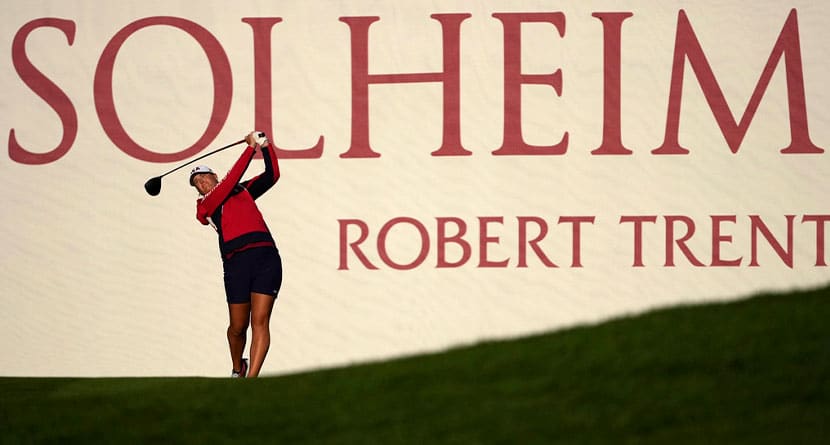 United States' Lauren Coughlin hits from the first tee during a practice round prior to the Solheim Cup golf tournament at the Robert Trent Jones Golf Club, Wednesday, Sept. 11, 2024, in Gainesville, VA. (AP Photo/Matt York)