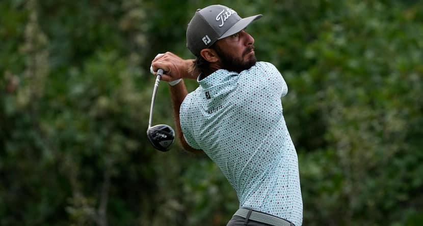 Max Homa hits from the second tee during the first round of the BMW Championship golf event at Castle Pines Golf Club, Thursday, Aug. 22, 2024, in Castle Rock, Colo. (AP Photo/Matt York)