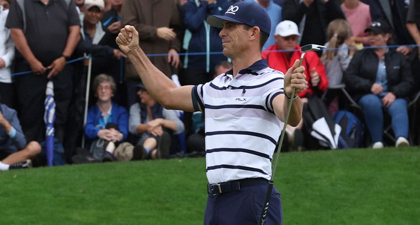 Billy Horschel of the United Statesd reacts on the 18th green after winning a playoff to win the British PGA golf Championship at Wentworth golf club in Wentworth, England, Sunday, Sept. 22, 2024. (AP Photo/Ian Walton)