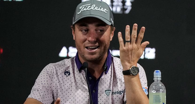 Justin Thomas speaks during a news conference ahead of a practice round for the Tour Championship golf tournament, Wednesday, Aug. 28, 2024, in Atlanta. (AP Photo/Mike Stewart)