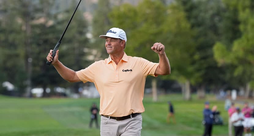 Patton Kizzire celebrates after winning the Procore Championship golf tournament at Silverado Resort North Course, Sunday, Sept. 15, 2024, in Napa, Calif. (AP Photo/Godofredo A. Vásquez)