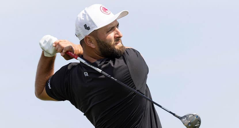 Captain Jon Rahm, of Legion XIII, hits from the second tee during the final round of LIV Golf Chicago at Bolingbrook Golf Club, Sunday, Sept. 15, 2024, in Bolingbrook, Ill. (Chris Trotman/LIV Golf via AP)