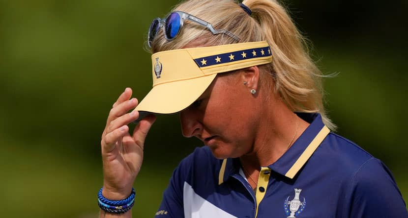 Europe's Vice Captain Anna Nordqvist reacts after missing a putt on the sixth green during a Solheim Cup golf tournament singles match at the Robert Trent Jones Golf Club, Sunday, Sept. 15, 2024, in Gainesville, Va. (AP Photo/Matt York)