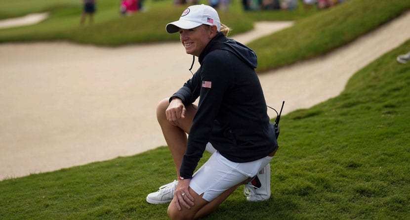 Solheim Cup team US golfer captain Stacy Lewis reacts on the 18th hole during the foursomes play at the Solheim Cup in Finca Cortesin, near Casares, southern Spain, on Friday, Sept. 22, 2023. (AP Photo/Bernat Armangue, File)