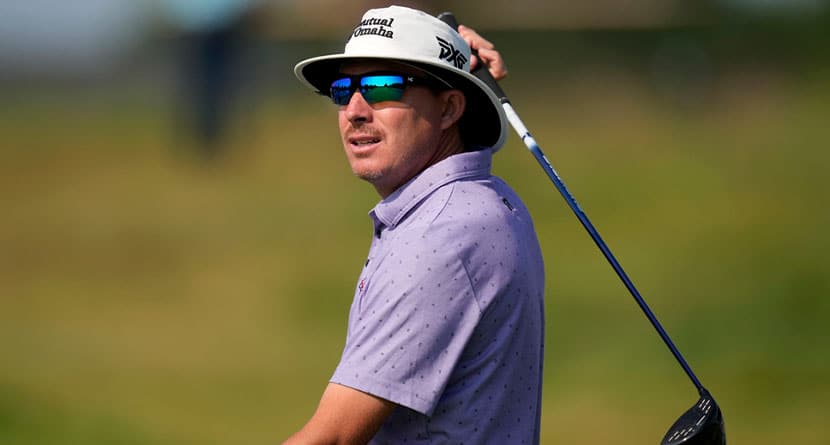 Joel Dahmen watches his tee shot on the third hole during the first round of the 3M Open golf tournament at the Tournament Players Club, Thursday, July 25, 2024, in Blaine, Minn. (AP Photo/Charlie Neibergall)