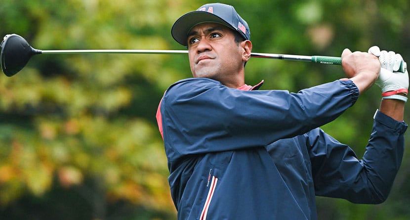 United States team member Tony Finau tees off on the fourth hole during the third round at the Presidents Cup golf tournament at Royal Montreal Golf Club in Montreal Saturday, Sept. 28, 2024. (Graham Hughes/The Canadian Press via AP)