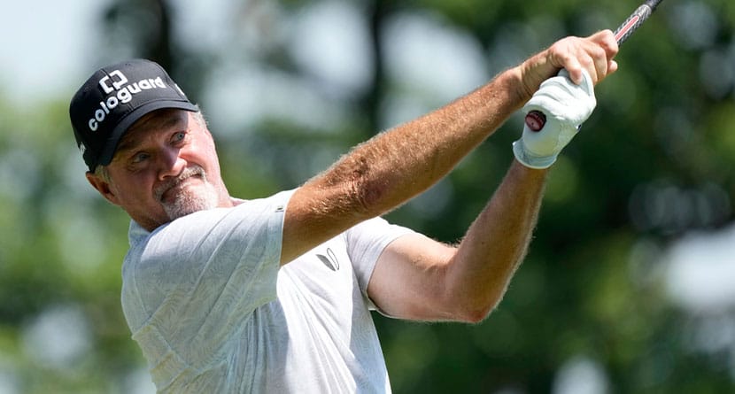 Jerry Kelly hits off the third tee during the first round of the Champions Tour Principal Charity Classic golf tournament, Friday, June 2, 2023, in Des Moines, Iowa. (AP Photo/Charlie Neibergall)