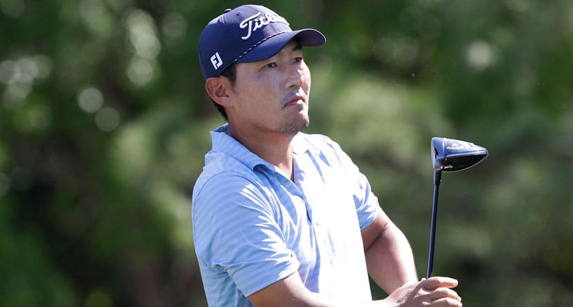 Sung Kang watches his tee shot on the first hole during the first round of the Houston Open golf tournament Thursday, March, 28, 2024, in Houston. (AP Photo/Michael Wyke, File)