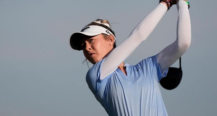 Nelly Korda, of the United States, watches her shot off of the first tee during the final round of the LPGA Kroger Queen City Championship golf tournament at TPC River's Bend in Maineville, Ohio, Sunday, Sept. 22, 2024. (AP Photo/Carolyn Kaster, File)