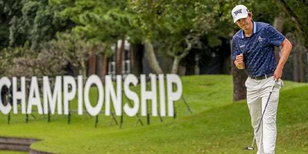 Nico Echavarria of Colombia reacts after putting on the 16th green in the final round of the PGA Tour Zozo Championship at the Narashino Country Club in Inzai on the outskirts of Tokyo, Sunday, Oct. 27, 2024. (AP Photo/Tomohiro Ohsumi)