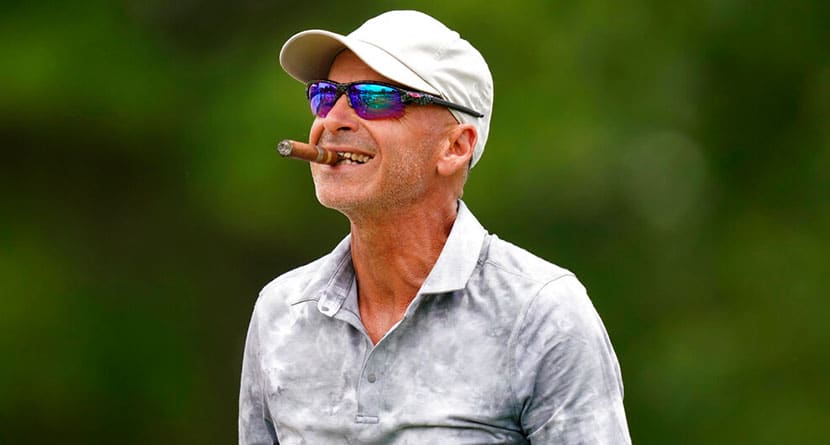 Rocco Mediate walks off the 14th tee during the final round of the PGA Tour Champions Principal Charity Classic golf tournament, Sunday, June 6, 2021, in Des Moines, Iowa. (AP Photo/Charlie Neibergall)