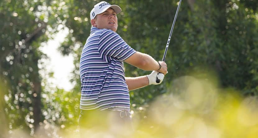 Braden Thornberry of the USA hits his shot from the 17th tee during the second round of the LIV Golf Promotions at the Abu Dhabi Golf Club on Saturday, December 09, 2023 in Abu Dhabi, United Arab Emirates. (Photo by Chris Trotman/LIV Golf via AP)