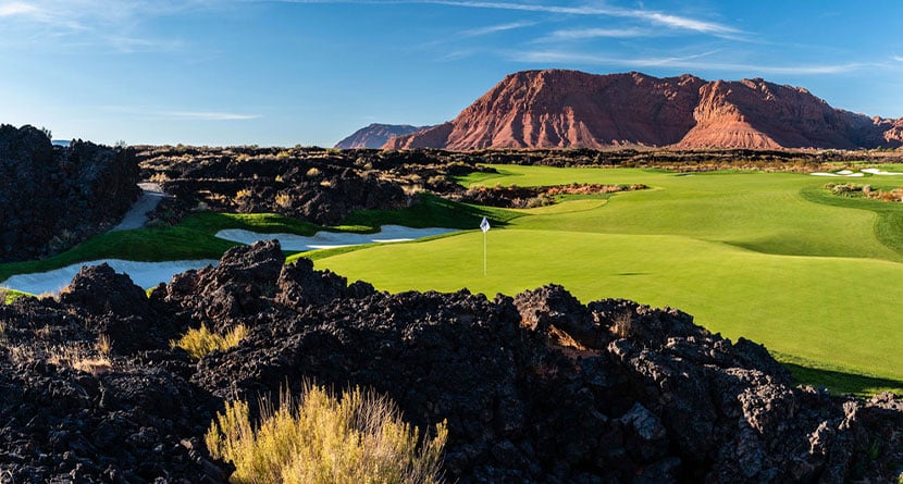 The Black Desert Resort that was built from an ancient black lava field near Zion National Park and is hosting a PGA Tour event in Utah for the first time since 1963 is shown in Ivins, Utah. (AP Photo/Black Desert Resort via AP)