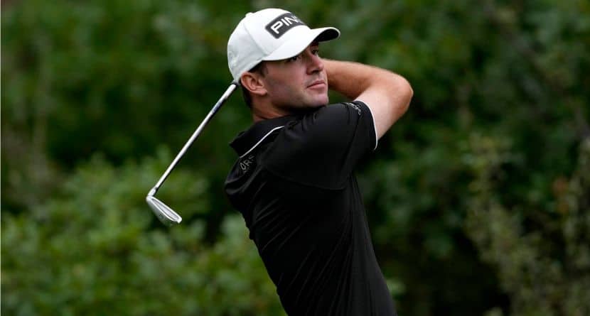 Austin Eckroat hits from the second tee during the first round of the BMW Championship golf event at Castle Pines Golf Club, Thursday, Aug. 22, 2024, in Castle Rock, Colo. (AP Photo/Matt York)