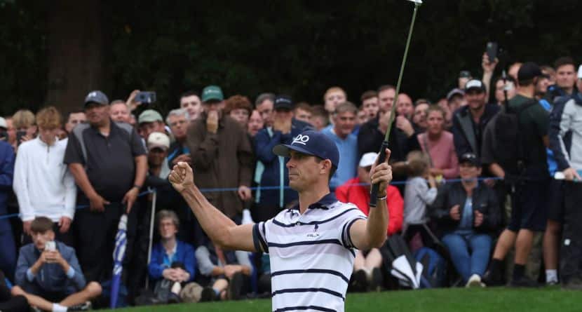 Billy Horschel of the United States reacts on the 18th green after winning a playoff to win the British PGA golf Championship at Wentworth golf club in Wentworth, England, Sept. 22, 2024. (AP Photo/Ian Walton)