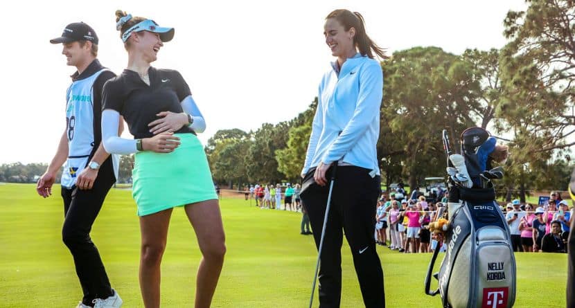 LPGA pro golfer Nelly Korda, left, chats with WNBA basketball player Caitlin Clark, of the Indiana Fever, at the 10th tee during the pro-am at the LPGA Tour golf tournament, Wednesday, Nov 13, 2024, at the Pelican Golf Club in Belleair, Fla. (Douglas R. Clifford/Tampa Bay Times via AP)