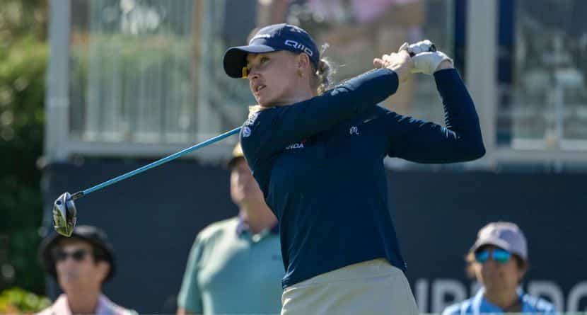 Charley Hull of England hits her tee shot on the first hole during the first round of the The Annika golf tournament at Pelican Golf Club, Thursday, Nov. 14, 2024, in Belleair, Fla. (AP Photo/Steve Nesius)