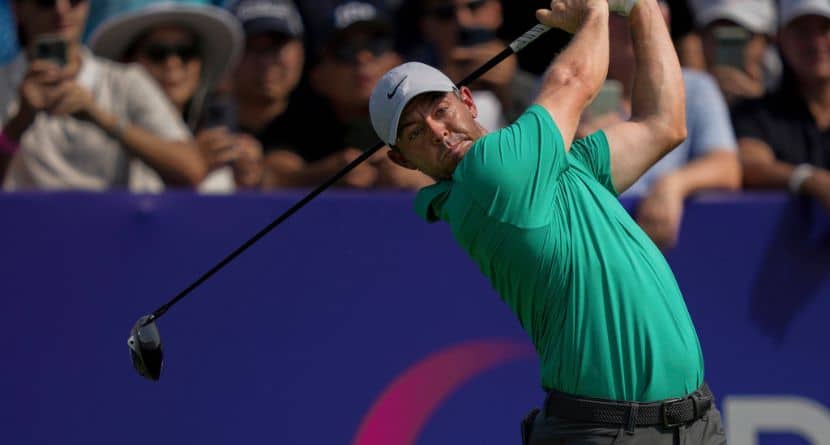 Rory McIlroy of Northern Ireland hits off the first tee during the first round of World Tour Golf Championship in Dubai, United Arab Emirates, Thursday, Nov. 14, 2024. (AP Photo/Altaf Qadri)