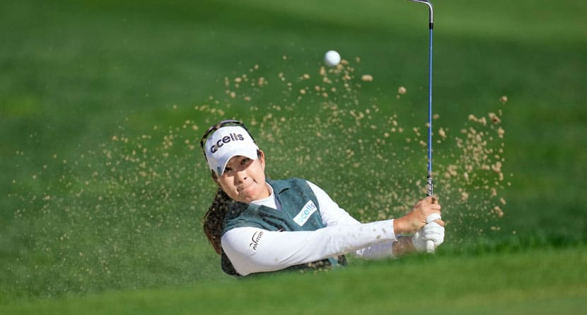 A Lim Kim of South Korea hits out of a bunker on the 3rd hole during the final round of the LPGA Ladies Championship golf tournament at the Seowon Valley Country Club in Paju, South Korea, Sunday, Oct. 20, 2024. (AP Photo/Lee Jin-man)