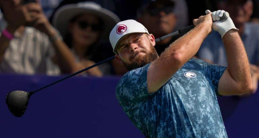 Tyrell Hatton of England hits off the first tee during the first round of World Tour Golf Championship in Dubai, United Arab Emirates, Thursday, Nov. 14, 2024. (AP Photo/Altaf Qadri)