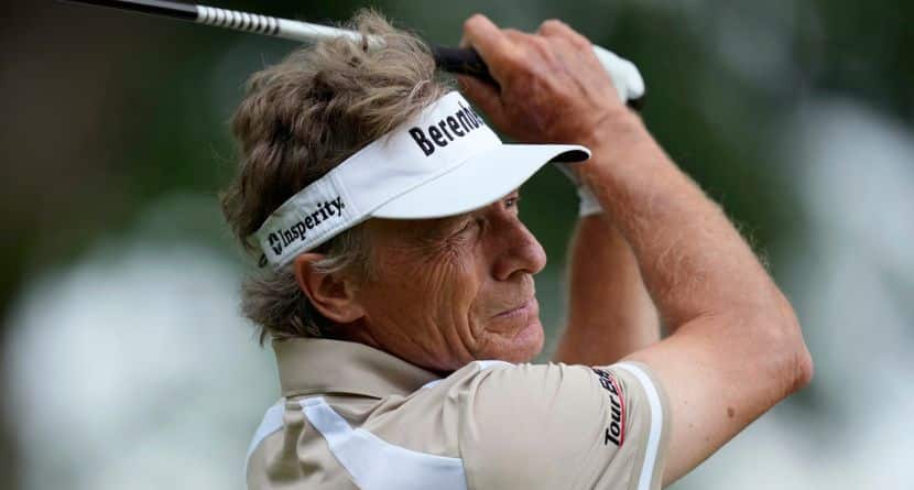 Bernhard Langer hits on the tenth tee during the final round of the Champions Tour Principal Charity Classic golf tournament, June 2, 2024, in Des Moines, Iowa. (AP Photo/Charlie Neibergall)