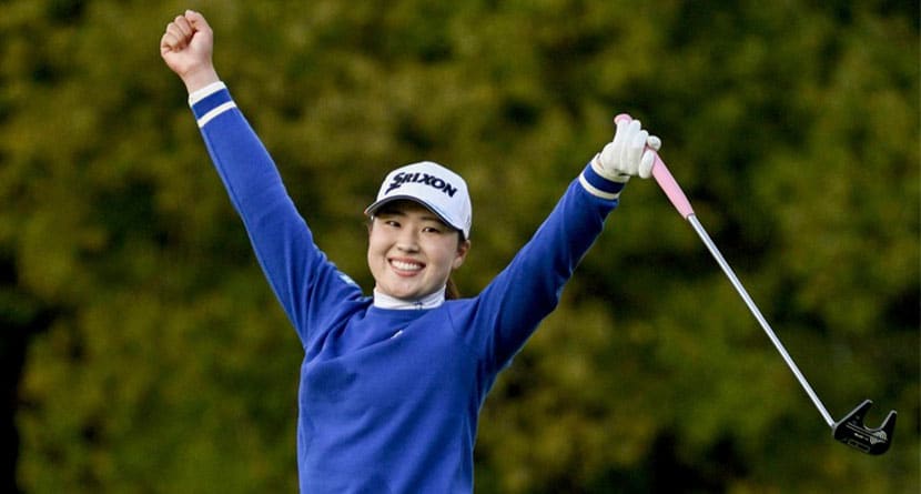 Rio Takeda of Japan reacts as she wins the LPGA's Toto Japan Classic in a playoff at the Seta Golf Course in Otsu, western Japan, Sunday, Nov. 3, 2024. (Keiji Uesho/Kyodo News via AP)