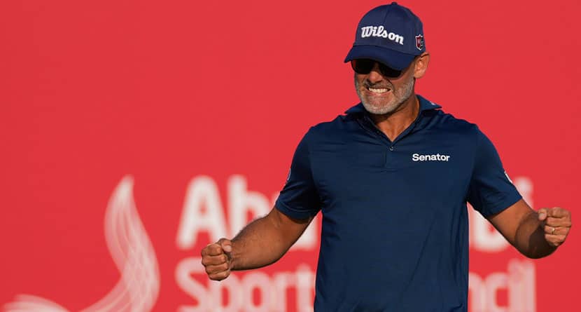 Paul Waring of England celebrates after winning the Abu Dhabi Golf Championship in Abu Dhabi, United Arab Emirates, Sunday, Nov. 10, 2024. (AP Photo/Altaf Qadri)