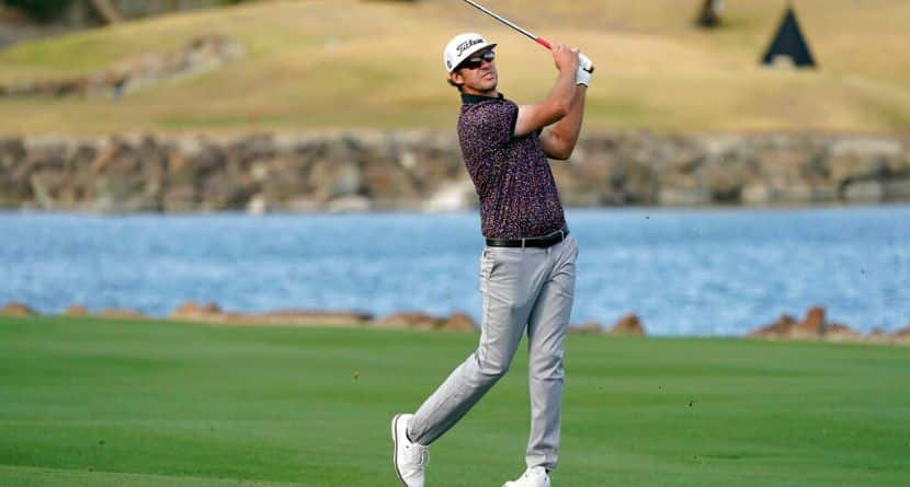 Lanto Griffin watches his shot from the 18th fairway during the second round of the American Express golf tournament on the Pete Dye Stadium Course at PGA West on Friday, Jan. 21, 2022, in La Quinta, Calif. (AP Photo/Marcio Jose Sanchez)