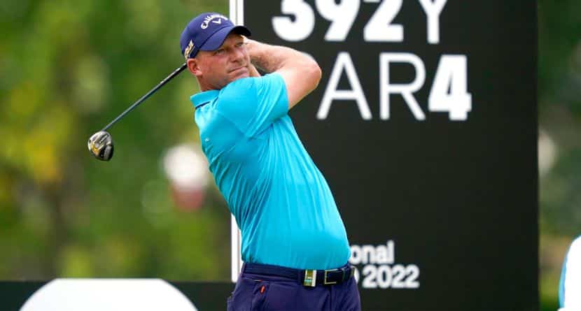 Shaun Norris watches his drive on the 12th tee during the first round of the LIV Golf Invitational-Chicago tournament Friday, Sept. 16, 2022, in Sugar Grove, Ill. (AP Photo/Charles Rex Arbogast)