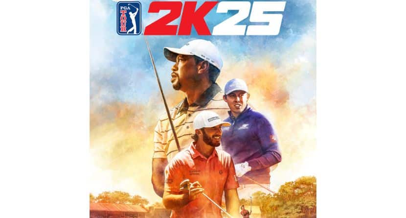 This image provided by PGA TOUR 2K shows the cover of PGA Tour 2K25 featuring Max Homa, Matt Fitzpatrick and Tiger Woods. (PGA TOUR 2K via AP)