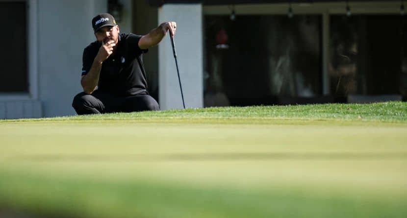 ason Day waits to putt on the fourth green at La Quinta Country Club Course during the first round of the American Express golf tournament in La Quinta, Calif., Thursday, Jan. 16, 2025. (AP Photo/William Liang)