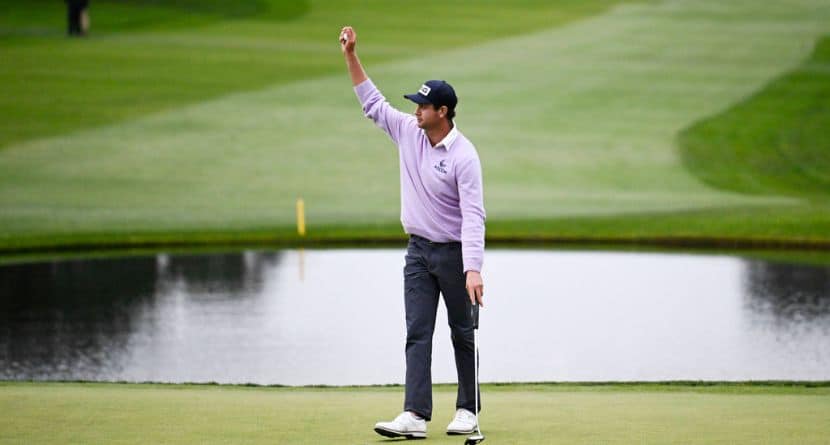 Harris English celebrates after winning the Farmers Insurance Open golf tournament at Torrey Pines Saturday, Jan. 25, 2025, in San Diego. (AP Photo/Denis Poroy)