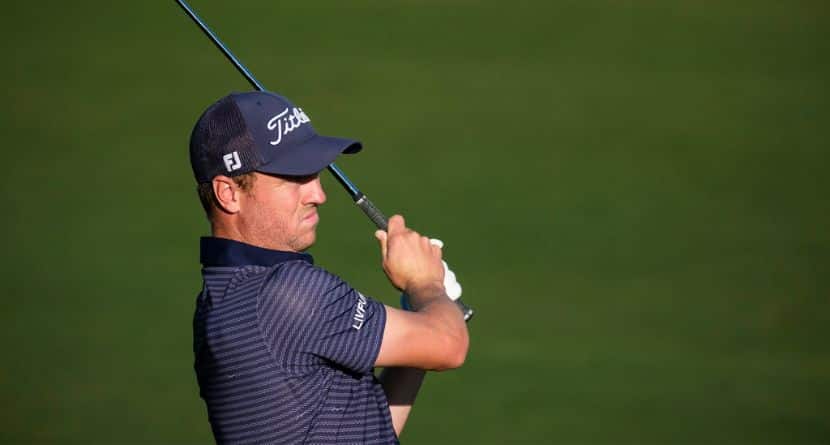 Justin Thomas hits from the 16th fairway at the Pete Dye Stadium Course during the final round of the American Express golf tournament in La Quinta, Calif., Sunday, Jan. 19, 2025. (AP Photo/William Liang)