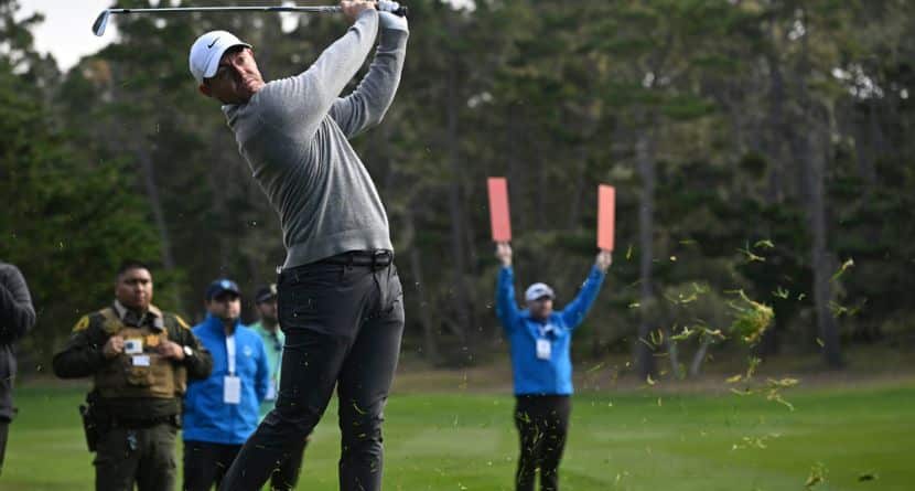 Rory McIlroy of Northern Ireland hits from the 13th fairway during the first round of the AT&T Pebble Beach Pro-Am golf tournament, Thursday, Jan. 30, 2025, in Pebble Beach, Calif. (AP Photo/Nic Coury)