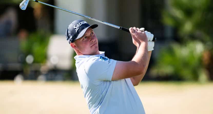 Sepp Straka hits from the fourth tee at the Pete Dye Stadium Course during the final round of the American Express golf tournament in La Quinta, Calif., Sunday, Jan. 19, 2025. (AP Photo/William Liang)