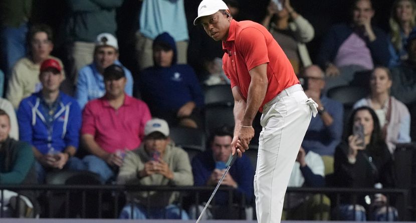 Tiger Woods of the Jupiter Links Golf Club putts on the 10 green during a match against the Los Angeles Golf Club, Tuesday, Jan. 14, 2025, in Palm Beach Gardens, Fla. (AP Photo/Marta Lavandier)