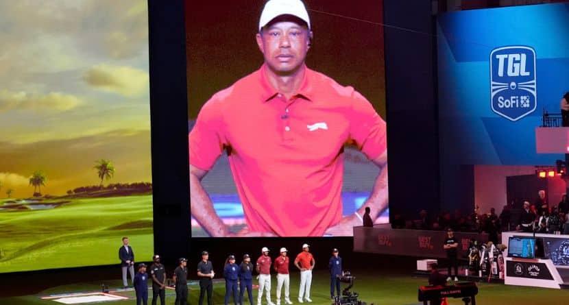 Tiger Woods is introduced before the start of Los Angeles Golf Club and his Jupiter Links Golf Club, Tuesday, Jan. 14, 2025, in Palm Beach Gardens, Fla. (AP Photo/Marta Lavandier)