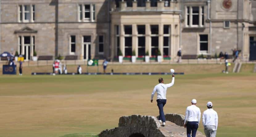 Tiger Woods of the US greets the crowd at the end of his second round of the British Open golf championship on the Old Course at St. Andrews, Scotland, July 15, 2022. (AP Photo/Peter Morrison)