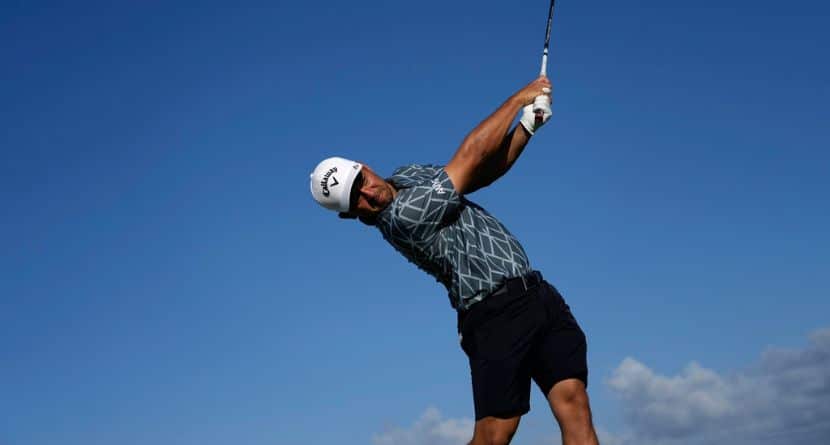 Xander Schauffele hits from the 10th tee during the pro-am round of The Sentry golf event, Wednesday, Jan. 1, 2025, at Kapalua Plantation Course in Kapalua, Hawaii. (AP Photo/Matt York)