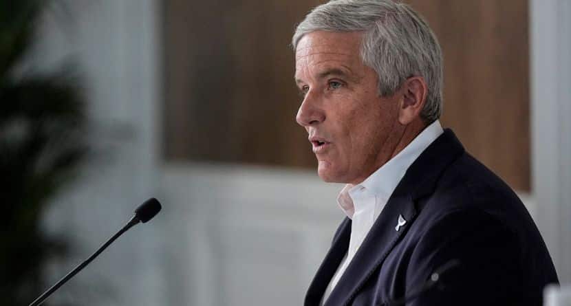 Commissioner of the PGA Tour, Jay Monahan IV speaks during a news conference ahead of the Tour Championship golf tournament, in Atlanta, Aug. 28, 2024. (AP Photo/Mike Stewart)